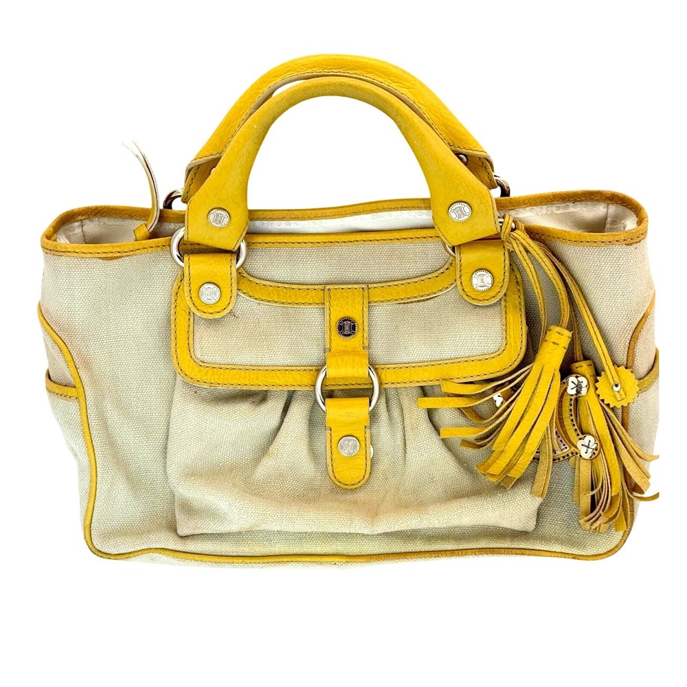 Celine Boogie Bag Beige Canvas Yellow Leather Trim Tassel Satchel Handbag - Picture 1 of 11
